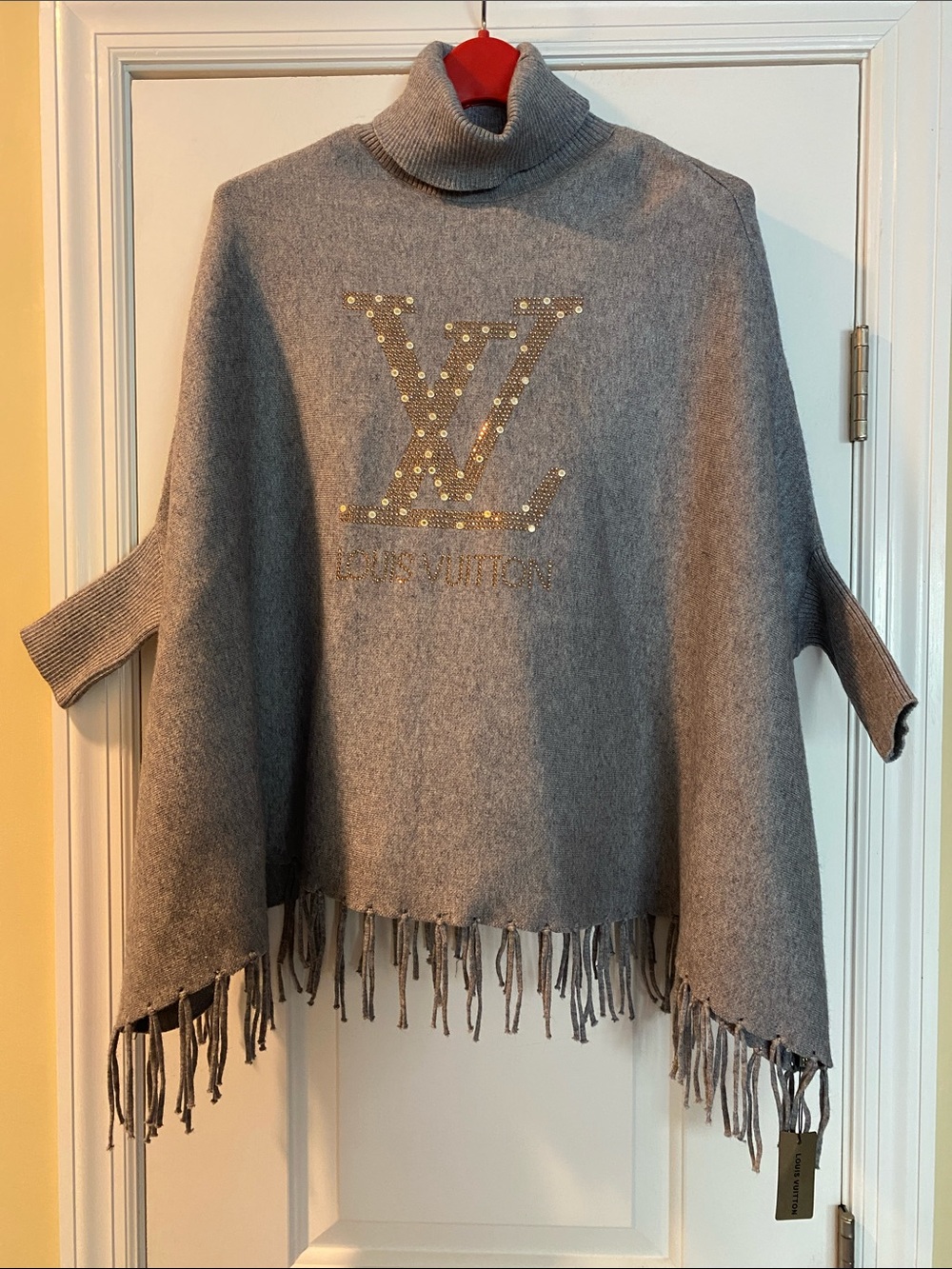 Louis Vuitton Gray Turtleneck Poncho Sweater with Fringe